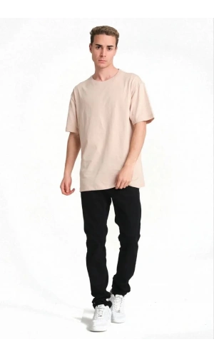 Erkek 24/1 Düz A Kalite Oversize T-shirt - Bej
