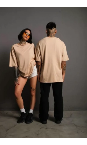 Erkek 24/1 Düz A Kalite Oversize T-shirt - Bej