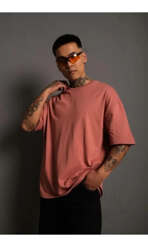 Erkek 24/1 Düz A Kalite Oversize T-shirt - Gül Kurusu