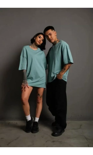 Erkek 24/1 Düz A Kalite Oversize T-shirt - Mint Yeşili