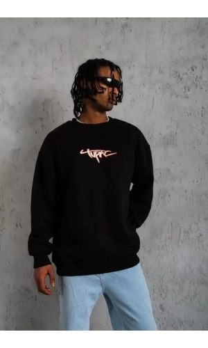 Erkek 3 İplik Gangster Baskılı Sweatshirt - Siyah