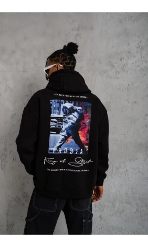 Erkek Astronot Baskılı Kapüşonlu Sweat - Siyah