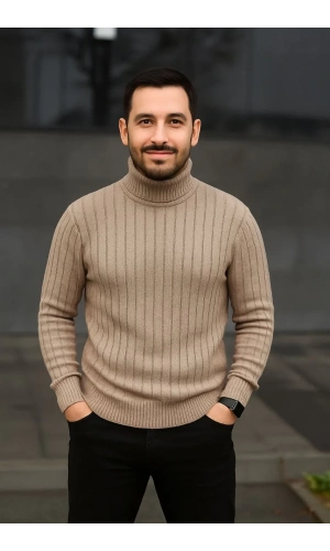 Erkek Balıkcı Yaka Bağazlı Triko Kazak Pamuklu Kalın Fitilli Dokuma, Regular Fit Uzun Kollu Kışlık Model - Bej
