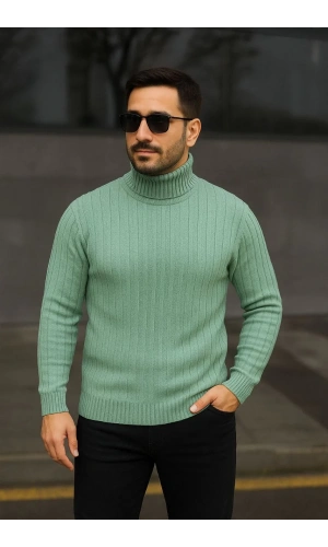 Erkek Balıkcı Yaka Bağazlı Triko Kazak Pamuklu Kalın Fitilli Dokuma, Regular Fit Uzun Kollu Kışlık Model - Mint Yeşili