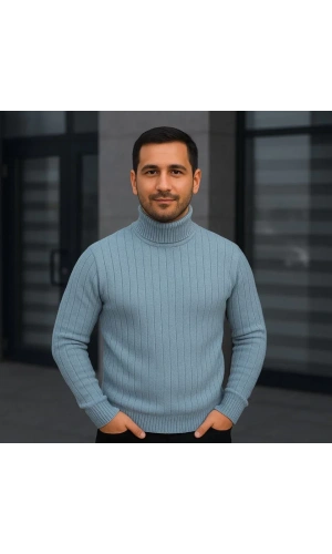 Erkek Balıkcı Yaka Bağazlı Triko Kazak Pamuklu Kalın Fitilli Dokuma, Regular Fit Uzun Kollu Kışlık Model - Bebe Mavisi