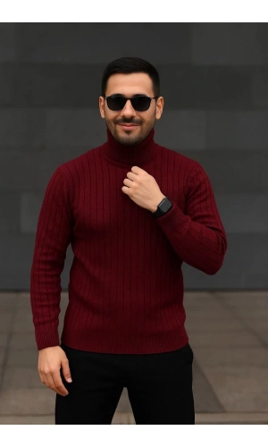 Erkek Balıkcı Yaka Bağazlı Triko Kazak Pamuklu Kalın Fitilli Dokuma, Regular Fit Uzun Kollu Kışlık Model - Bordo