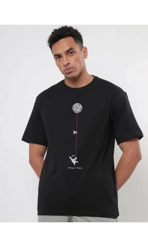 Erkek Baskılı Oversize T-shirt - Siyah