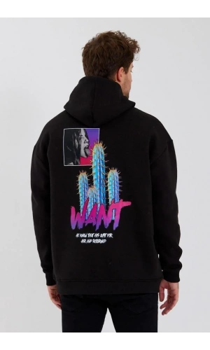 Erkek Baskılı Üç İplik Kapüşonlu Oversize Sweatshirt - Siyah