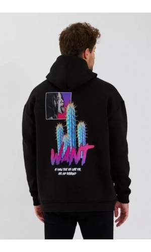 Erkek Baskılı Üç İplik Kapüşonlu Oversize Sweatshirt - Siyah