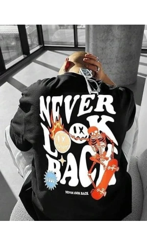 Erkek Bisiklet Yaka Kısa Kol Baskılı T-shirt - Siyah