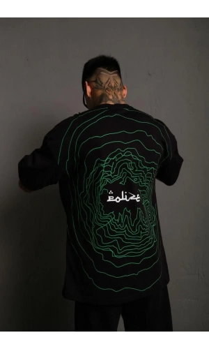 Erkek Bisiklet Yakalı Sırt Baskılı Oversize T-Shirt - Siyah