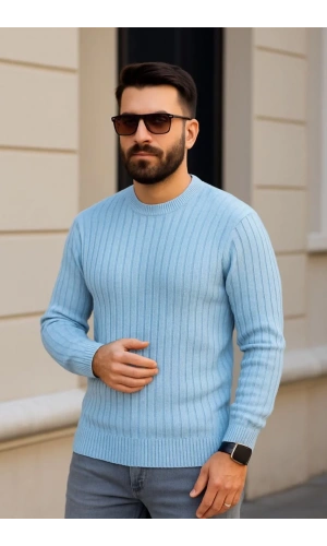 Erkek Bisiklet Yuvarlak Yaka Triko Kazak Pamuklu Kalın Fitilli Dokuma, Regular Fit Uzun Kollu Kışlık Model - Bebe Mavisi