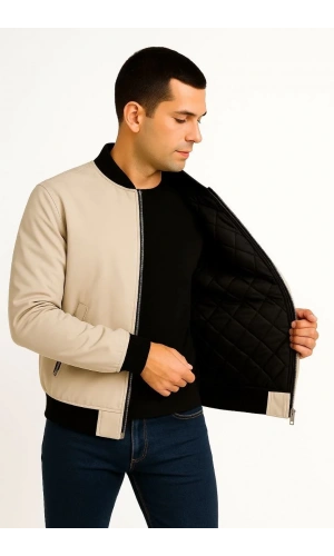 Erkek Bomber Mont Ceket – Fermuarlı, Kapitone İçi Astarlı, Su İtici Kumaş, Regular Fit, Uzun Kollu, Yandan Cepli, Bahar & Kış Rahat Günlük Stil - Bej