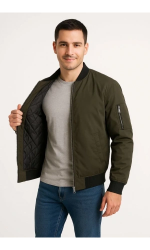 Erkek Bomber Mont Ceket – Fermuarlı, Kapitone İçi Astarlı, Su İtici Kumaş, Regular Fit, Uzun Kollu, Yandan Cepli, Bahar & Kış Rahat Günlük Stil - Haki