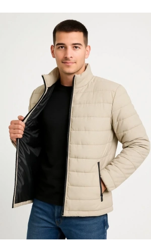 Erkek Bomber Mont Ceket – Su İtici Kumaş, Kapitone Astarlı, Fermuarlı, Kışlık - Bej
