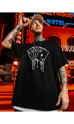 Erkek Büyük Beden Kart Baskılı Düz Renk Kısa Kollu Bisiklet Yaka Tişört Gündelik Giyim - Siyah