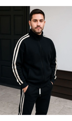 Erkek Çift Şeritli Eşofman Takım Dik Yaka Fermuarlı Sweatshirt Boru Paça Alt, Oversize 3 iplik Pamuklu - Siyah