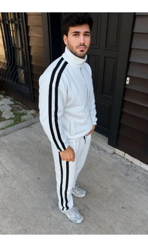 Erkek Çift Şeritli Eşofman Takım Dik Yaka Fermuarlı Sweatshirt Boru Paça Alt, Oversize 3 iplik Pamuklu - Beyaz