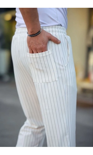 Erkek Cizgili Dokuma Krep Jogger Buggy Pantalon Rahat kalıp - Beyaz