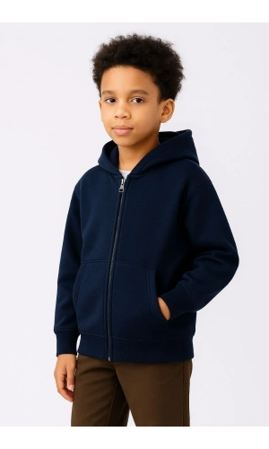 Erkek Çocuk Kapüşonlu Kanguru Çepli Tam Fermuarlı Hırka SweatShirt - Lacivert
