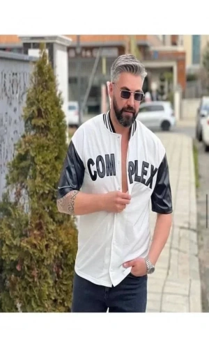 Erkek Complex Kolları Deri Kolej Oversize T-Shirt - Beyaz