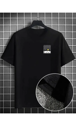 Erkek Dağ Grafikli Tişört, Yaz Için Büyük Beden Rahat T-shirt - Siyah