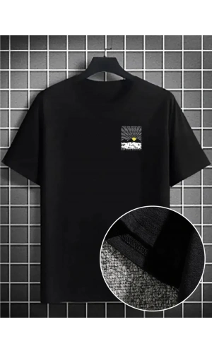 Erkek Dağ Grafikli Tişört, Yaz için Büyük Beden Rahat T-shirt - Siyah