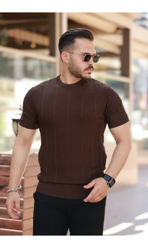 Erkek Desenli çizgi Kabartmalı Kısa Kollu Tişört