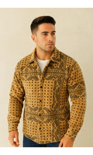 Erkek Desenli Düğmeli Polar Gömlek – Hardal Paisley Desen Yakalı, Uzun Kollu, Oversize Rahat Kalıp - Sarı