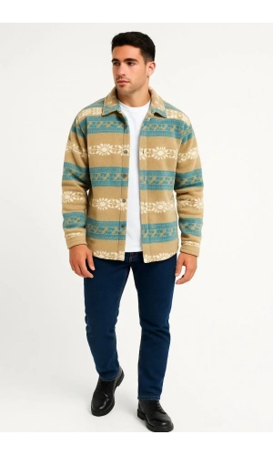 Erkek Desenli Polar Gömlek – Etnik Şerit Desen Yakalı, Uzun Kollu, Düğmeli, Oversize Rahat Kalıp - Sarı