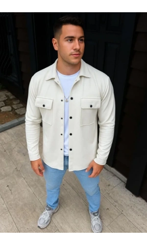 Erkek Diagonal Kumaş Cepli Çıtçıtlı Uzun Kollu, Gömlek Oversize Rahat Kalıp Günlük Şık Stil - Beyaz