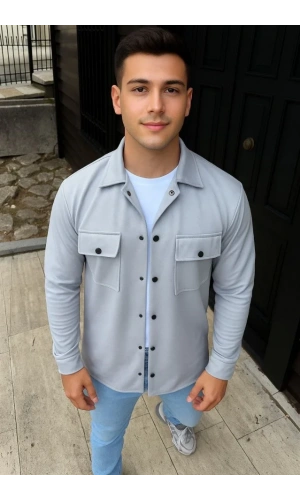 Erkek Diagonal Kumaş Cepli Çıtçıtlı Uzun Kollu, Gömlek Oversize Rahat Kalıp Günlük Şık Stil - Gri