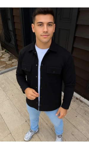 Erkek Diagonal Kumaş Cepli Çıtçıtlı Uzun Kollu, Gömlek Oversize Rahat Kalıp Günlük Şık Stil - Siyah
