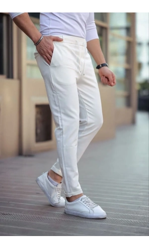 Erkek Diagonel Mikro dokulu Cepli Beli Lastilki Pantolon - Bej