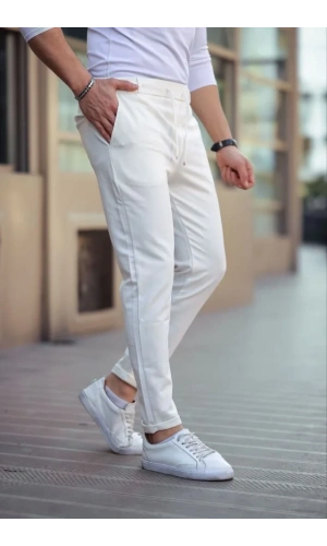Erkek Diagonel Mikro Dokulu Cepli Beli Lastilki Pantolon - Beyaz