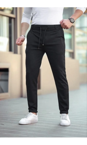 Erkek Diagonel Mikro dokulu Cepli Beli Lastilki Pantolon - Siyah