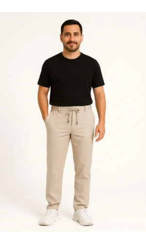 Erkek Diagonel Mikro Dokulu Cepli Pantolon - Bej