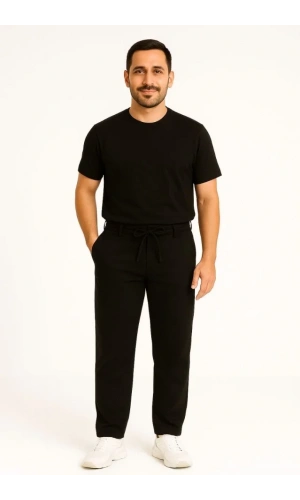 Erkek Diagonel Mikro Dokulu Cepli Pantolon - Siyah