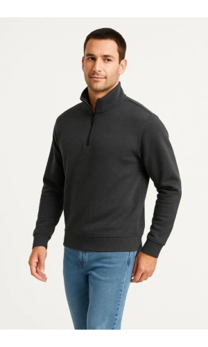 Erkek Dik Yaka Sweatshirt Dik Yaka Yarım Fermuarlı 3 İplik Şardonlu Pamuk Kumaş - Antrasit