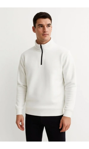 Erkek Dik Yaka Sweatshirt Dik Yaka Yarım Fermuarlı 3 İplik Şardonlu Pamuk Kumaş - Beyaz
