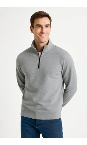Erkek Dik Yaka Sweatshirt Dik Yaka Yarım Fermuarlı 3 İplik Şardonlu Pamuk Kumaş - Gri