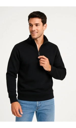 Erkek Dik Yaka Sweatshirt Dik Yaka Yarım Fermuarlı 3 İplik Şardonlu Pamuk Kumaş - Siyah