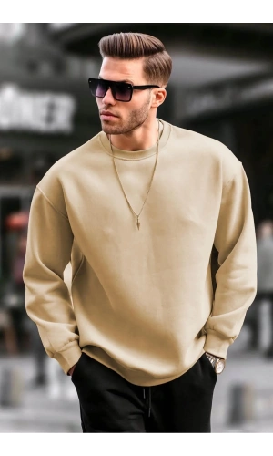 Erkek Düz Bisiklet Yaka Sweat - Bej