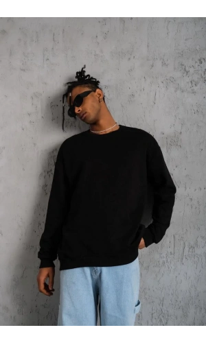 Erkek Düz Bisiklet Yaka Sweat - Siyah