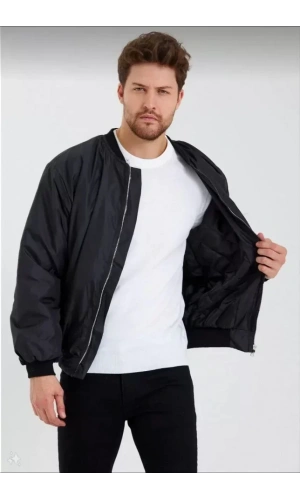 Erkek Düz Bomber Ceket - Siyah