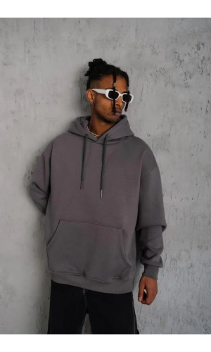 Erkek Düz Kapüşonlu Sweat - Gri