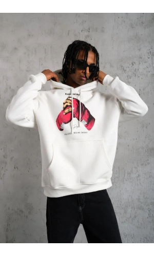 Erkek Eldiven Baskılı Kapüşonlu Sweat - Beyaz