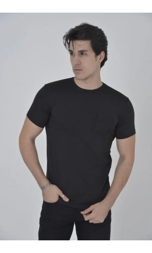 Erkek File Cepli Slim fit T-shirt - Siyah
