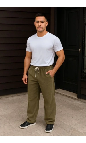 Erkek Fitilli Kadife Cepli Buggy Pantolon Oversize Rahat Kalıp - Haki