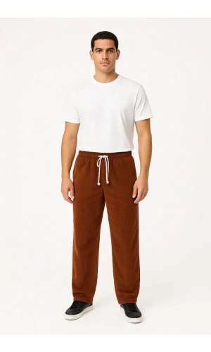 Erkek Fitilli Kadife Cepli Buggy Pantolon Oversize Rahat Kalıp - Kahverengi